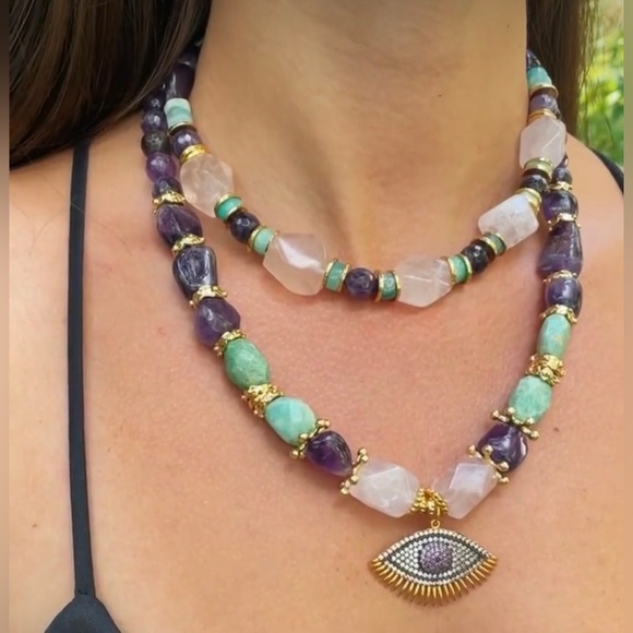 Gemstone Necklace | Pink Quartz & Amazonite | Handcrafted Luxury Jewelry - Picture 6 of 10